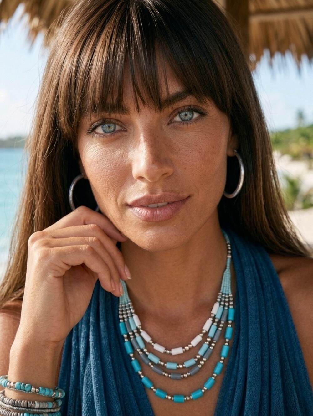 4-Strand Heishi Bead Necklace Coastal Boho Statement Blue Teal Gray 16.5"